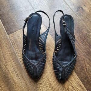 Vintage Rare Nine West Women Slip On Slingback Heels Navy Blue Size 7.5-8